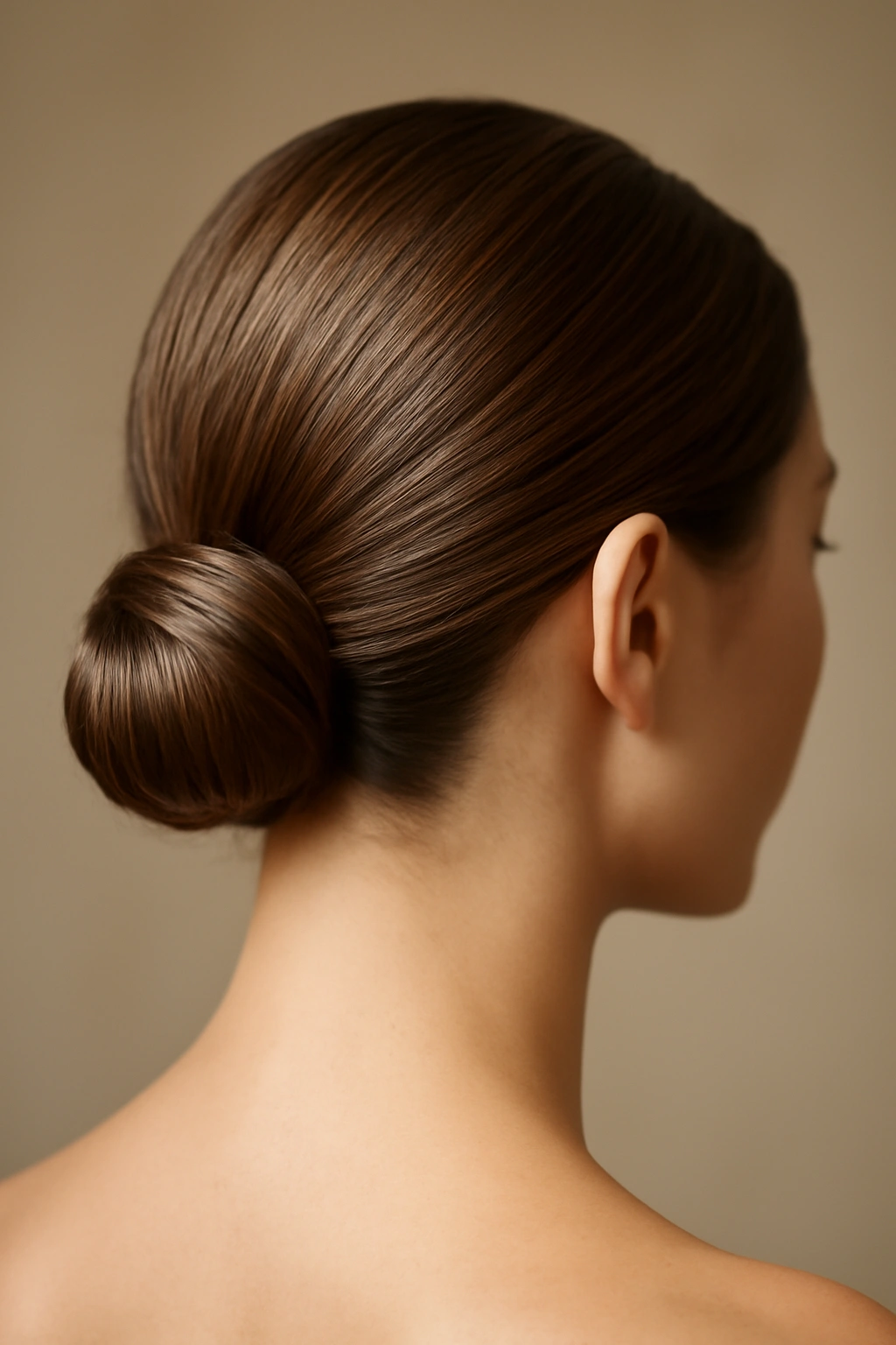 12 Bridesmaid Hairstyles That Flatter Short Hair 7 Close-up of a glossy low bun at the nape of the neck in a neutral studio.