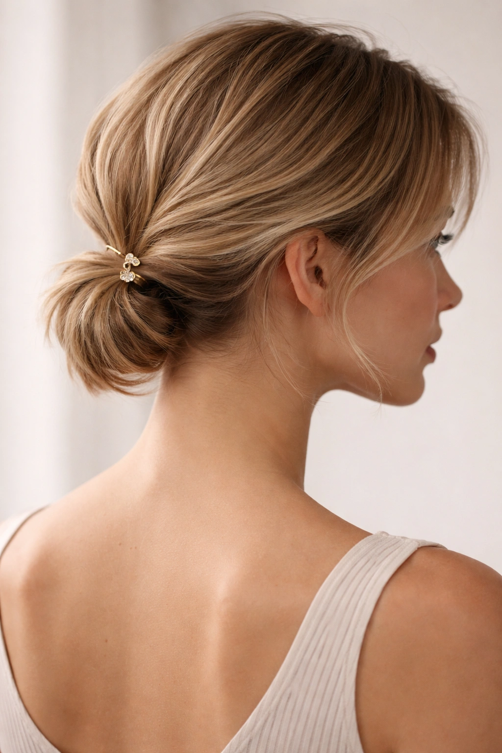 Side profile of short hair gathered at the nape with a small clip