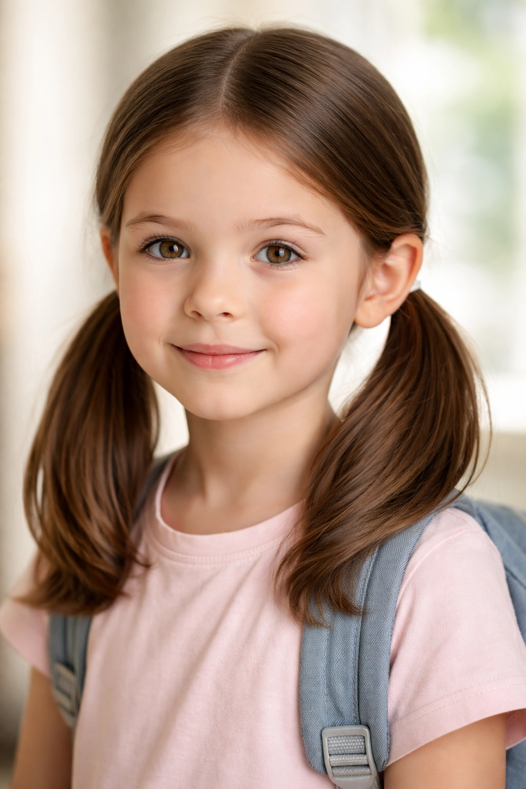 Close-up of a girl with center-parted hair styled into two low pigtails at the nape