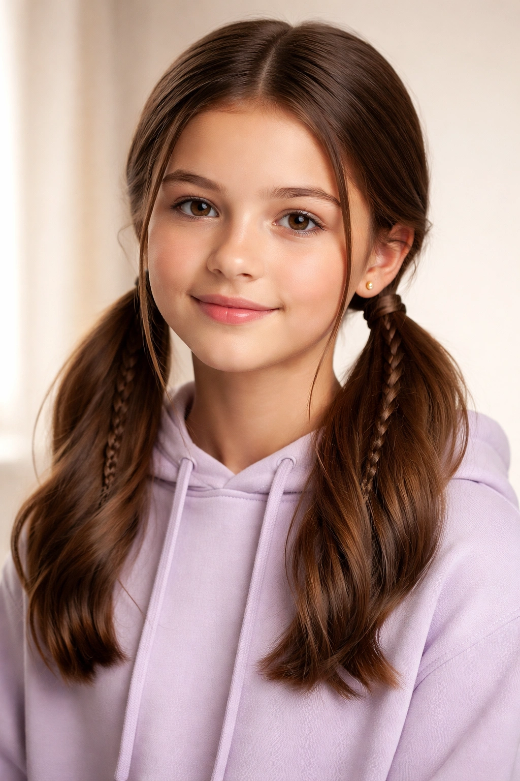Two low pigtails at the nape with polished wrap-around elastics