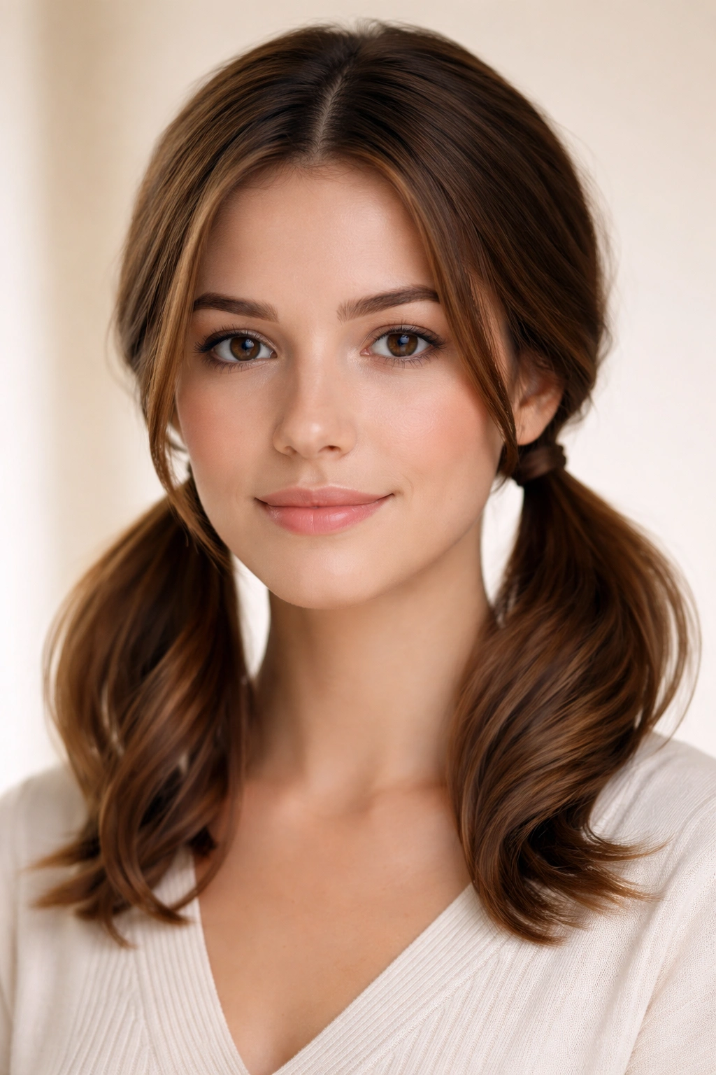 Two low pigtails behind the ears with wrapped ends