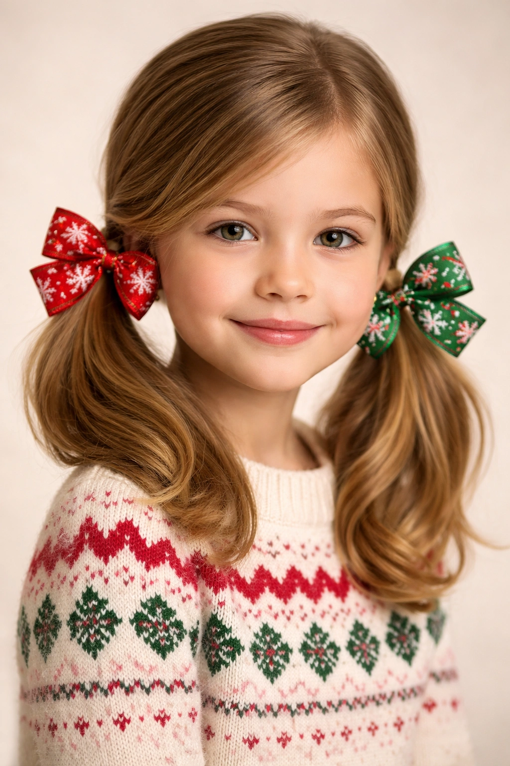 Two low pigtails with holiday bows behind the ears
