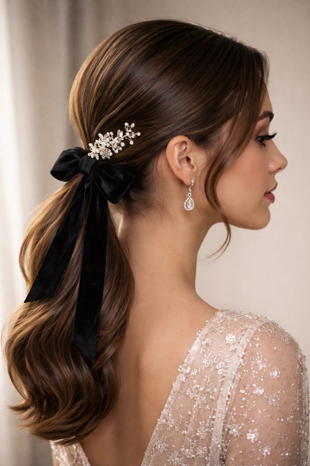 Side view of accessorized low ponytail with wrapped elastic and ribbon