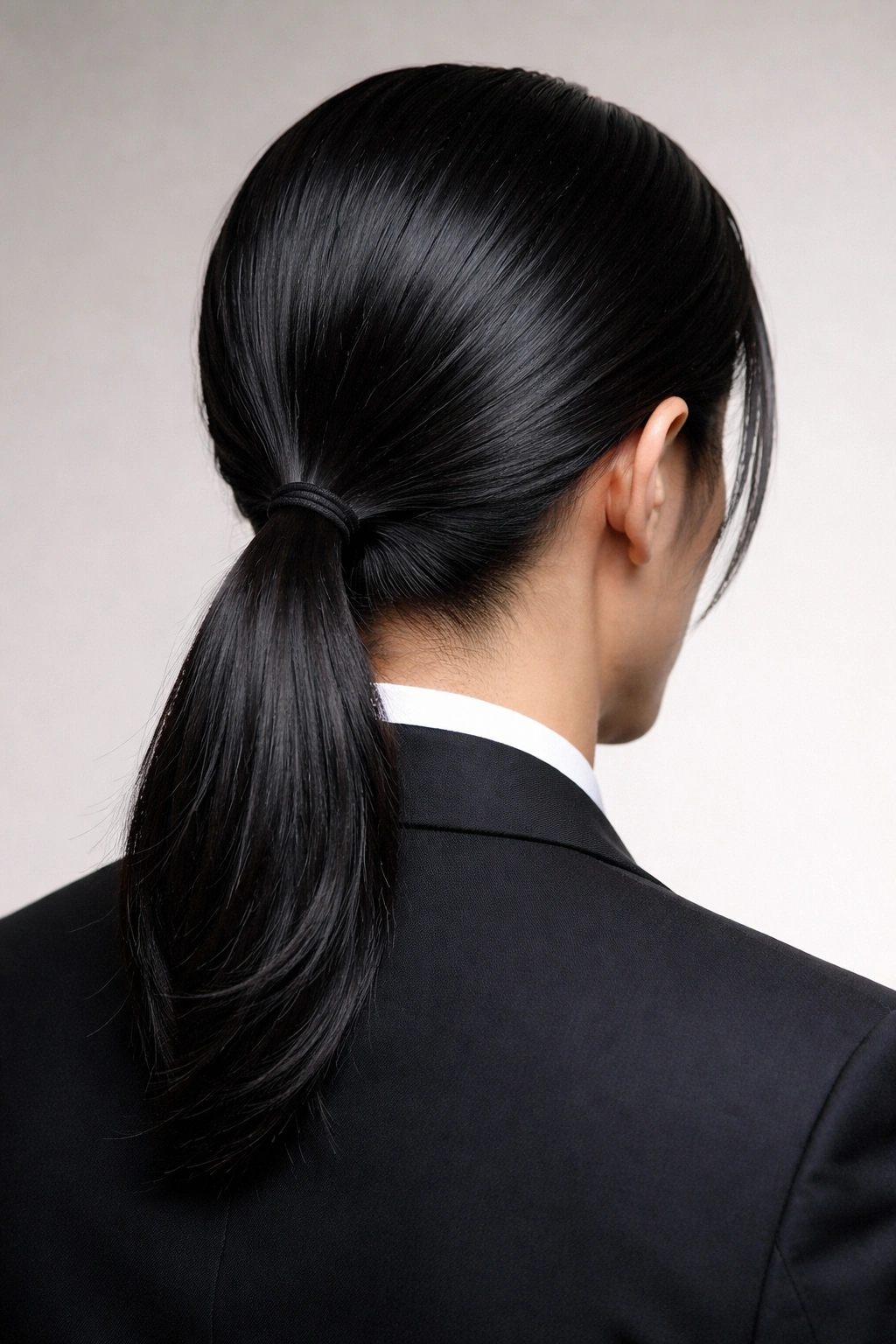 Close-up back view of a sleek low ponytail at the nape with smooth straight hair
