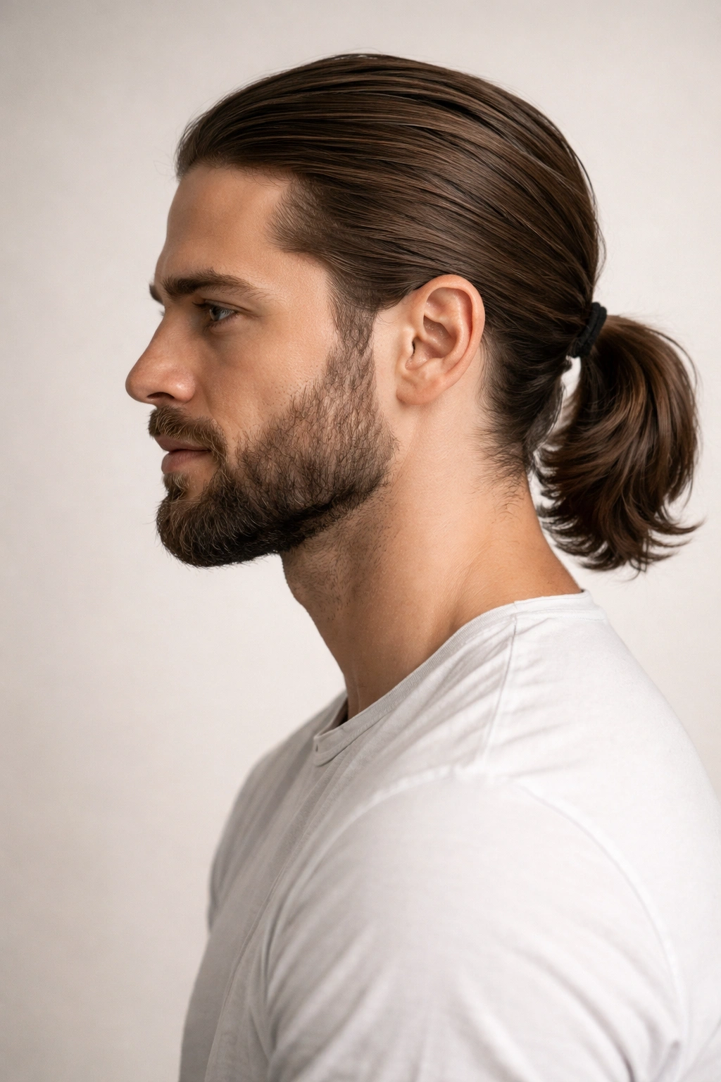 Man with low ponytail and groomed beard in a three-quarter view