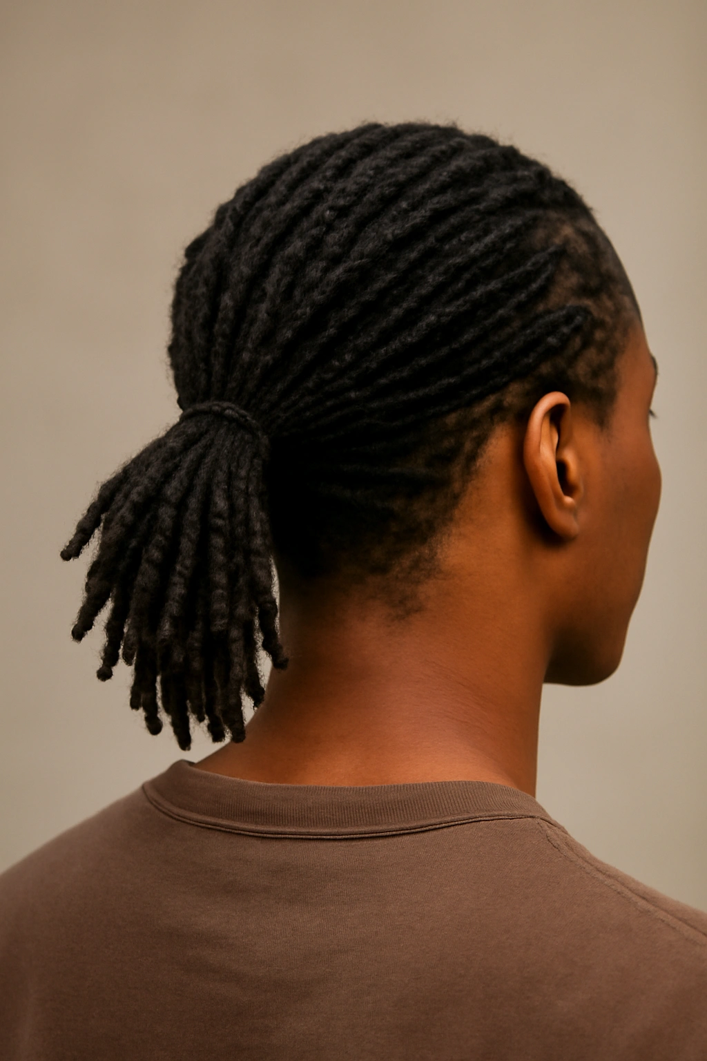 10 Hairstyles to Try If You Have Short Dreads 4 Low ponytail at the nape with short dreadlocks.