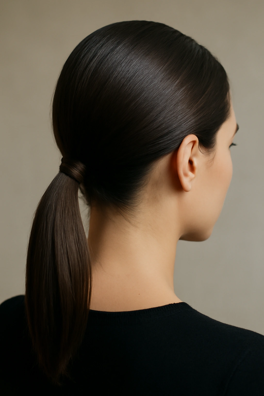12 Polished Ponytail Hairstyles You Can Try Today 2 Close-up of a sleek low ponytail at the nape of the neck