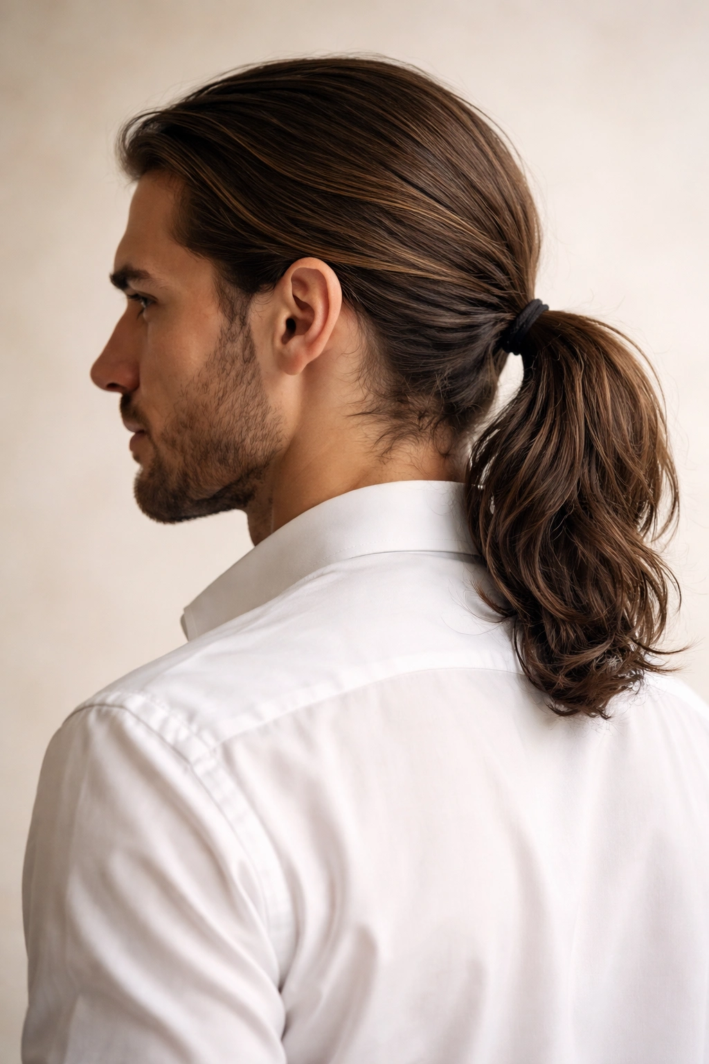 Rear view of a man with a low ponytail at the nape