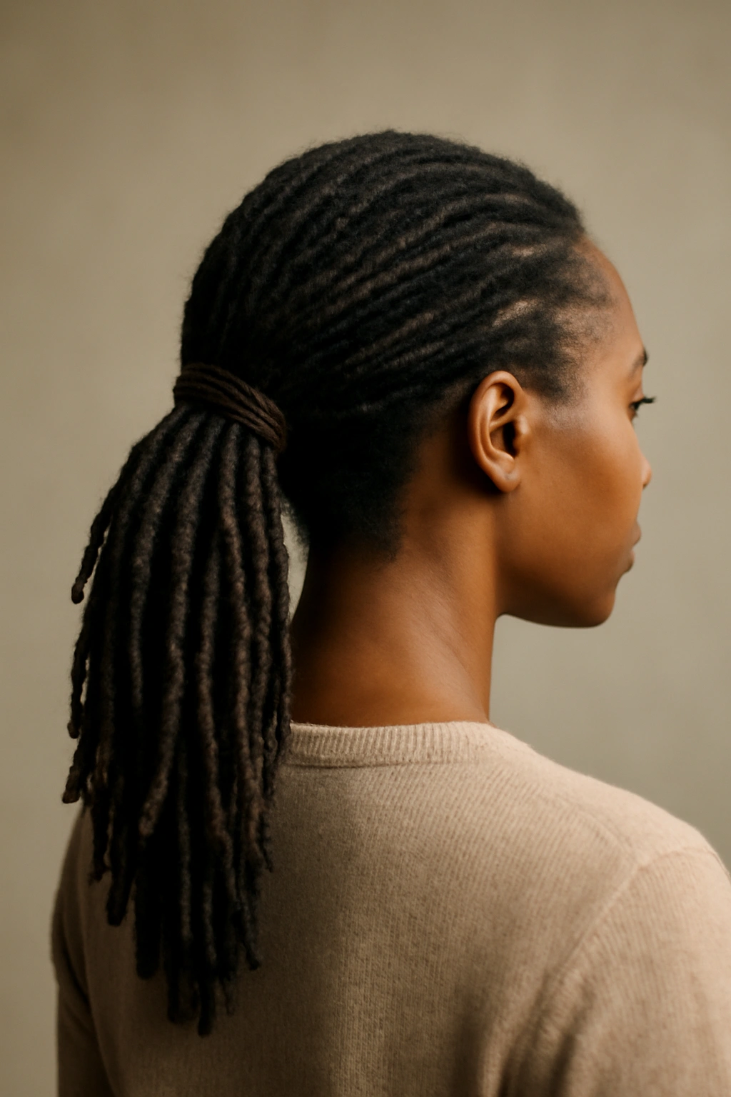 15 Loc Hairstyles That Work for Both Office and Play 10 Low ponytail with locs close-up showing gathered hair at nape