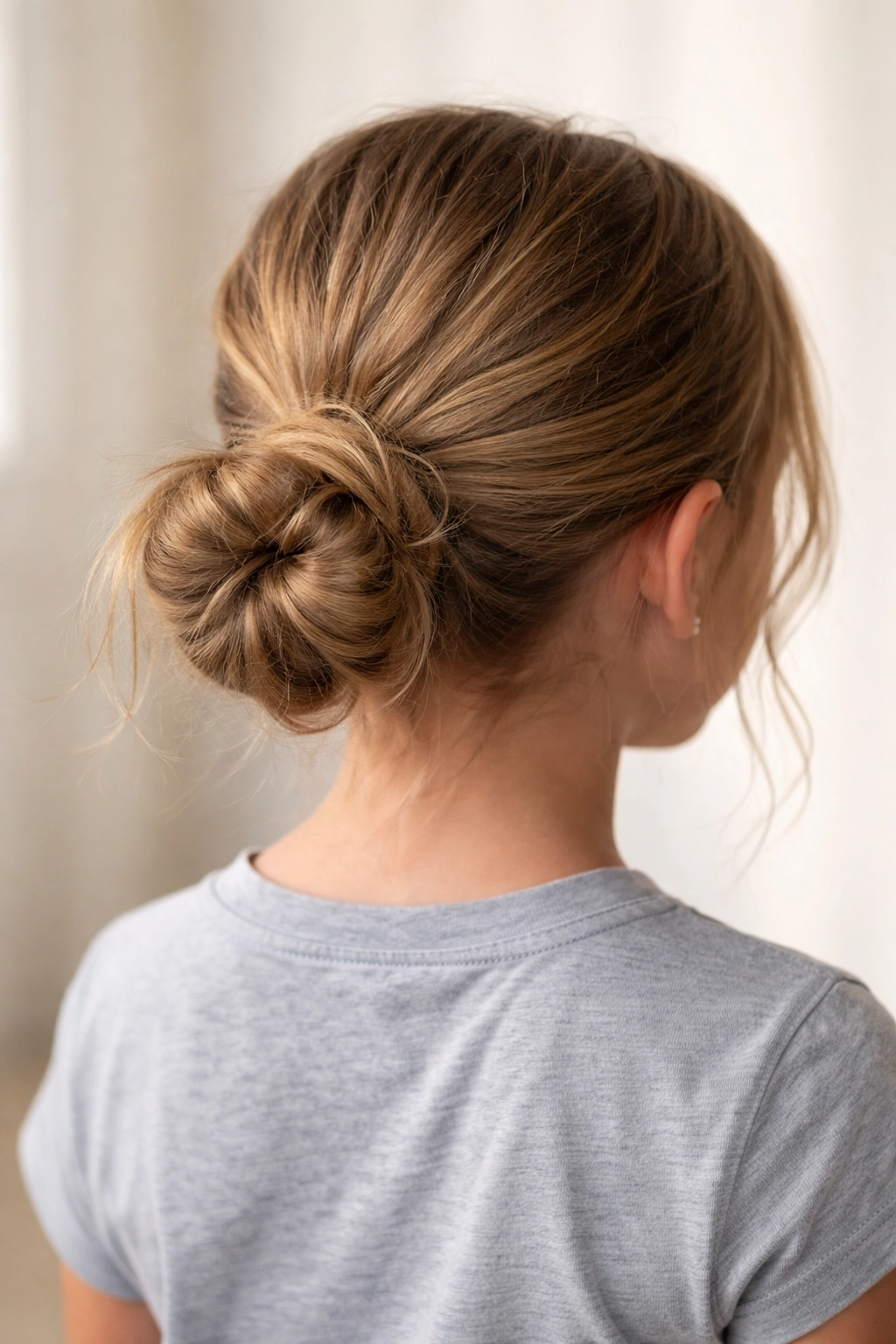 Low messy bun ponytail at nape of neck.