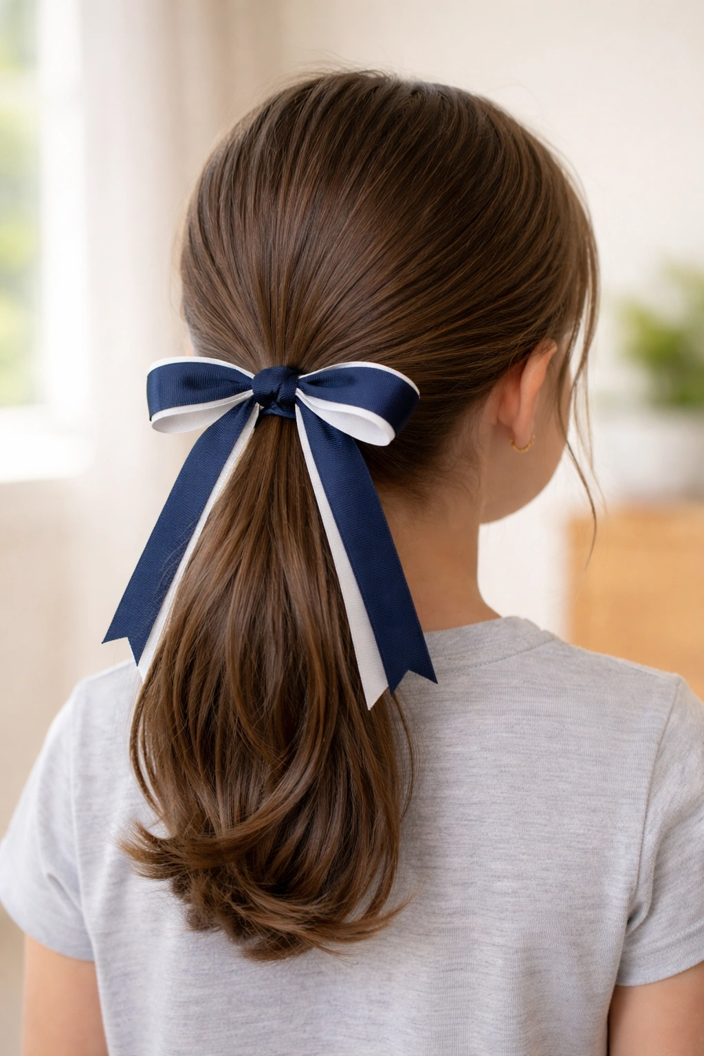 Low ponytail at the nape with a ribbon tied in a bow