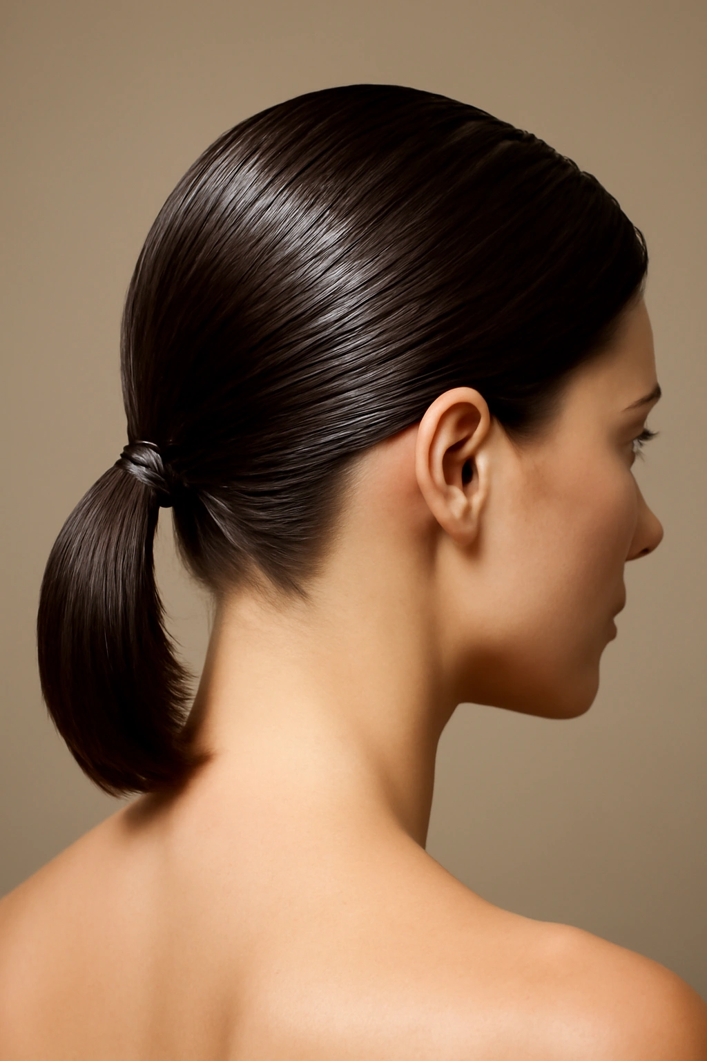 Going to Prom With Short Hair? 10 Styles to Try 1 Close-up of a sleek, shiny low ponytail on short hair in a studio setting