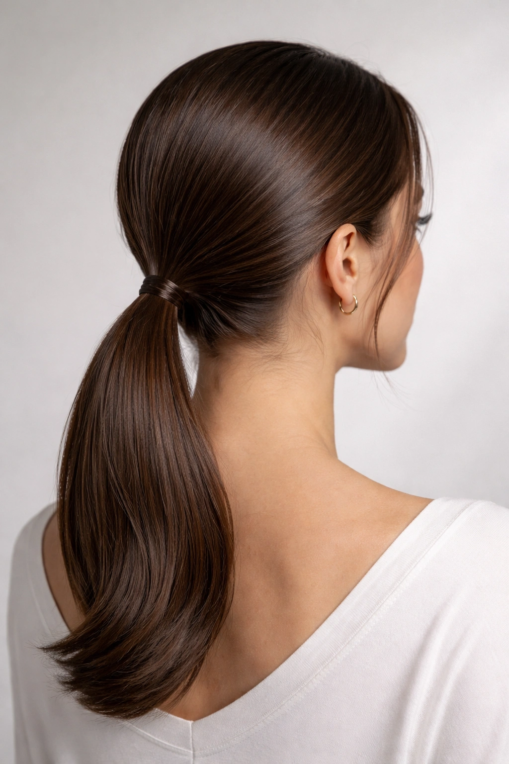 Close-up of a sleek low ponytail at the nape with glossy hair