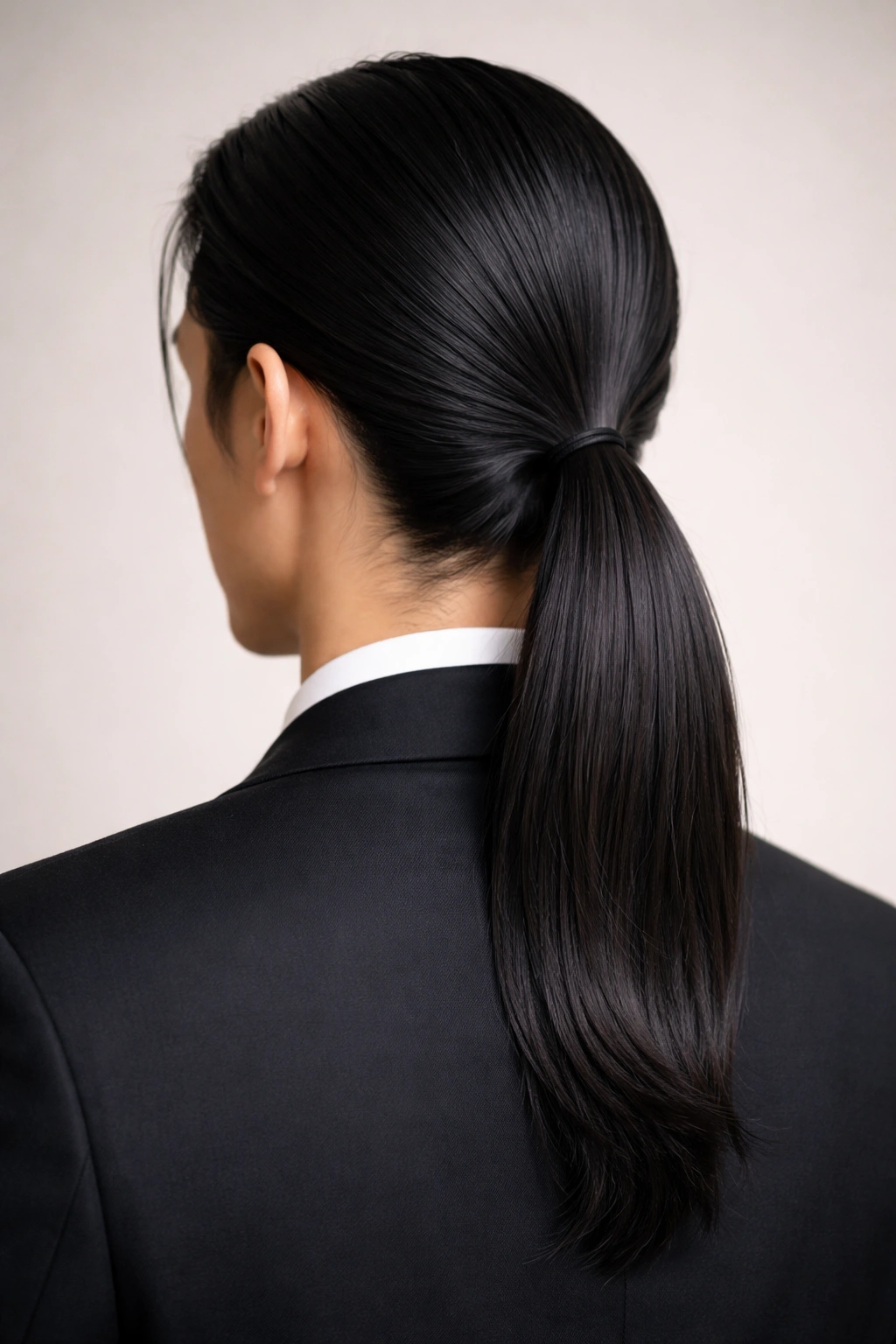 Close-up of a sleek low ponytail at the nape of the neck with a matching hair tie.