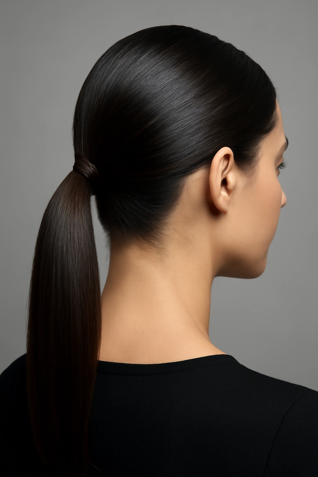 Side view of a low sleek ponytail at the nape with a glass-smooth finish
