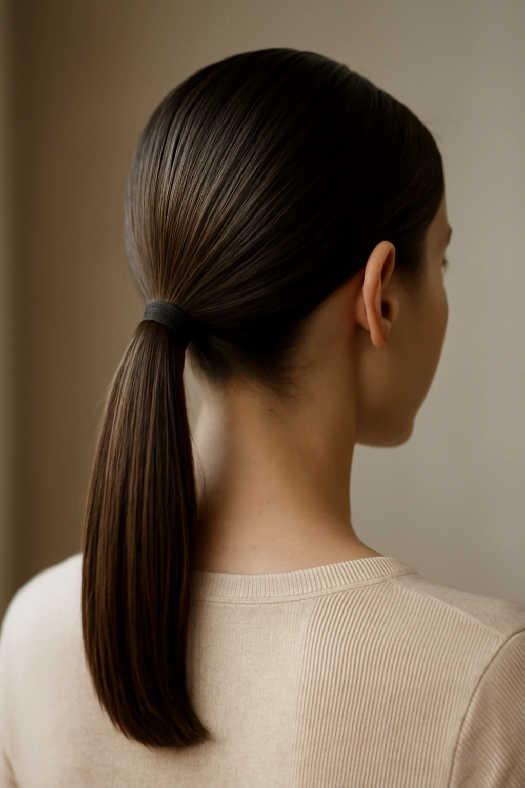 12 Straight Styles That Make Shoulder-Length Hair Look Amazing 4 Low ponytail at the nape of neck with sleek, straight hair