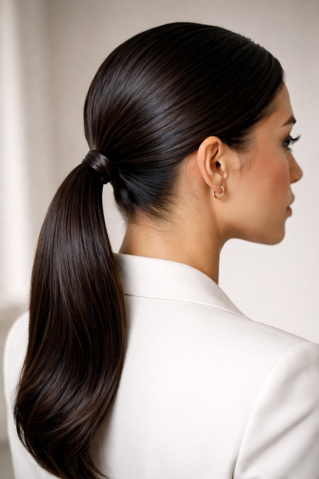 25 Slick Back Ponytail Styles for a Chic, Polished Look 1 Close-up of a glossy low ponytail at the nape of the neck