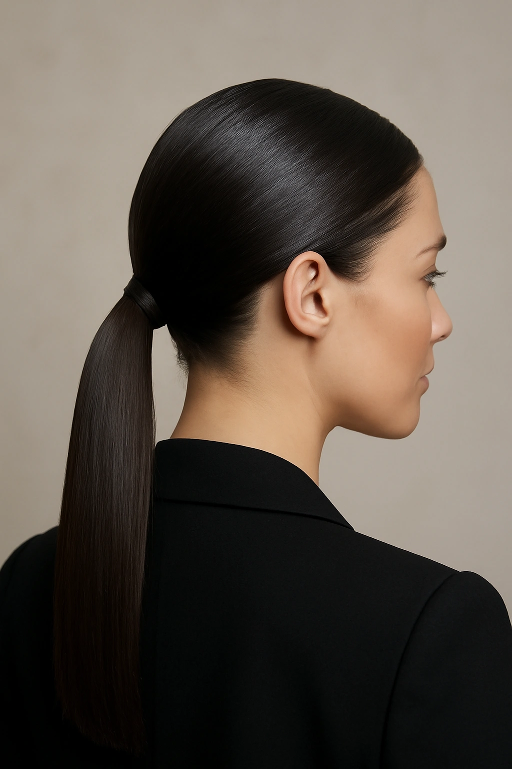 Close-up of a woman with a smooth, low ponytail at the nape of the neck.