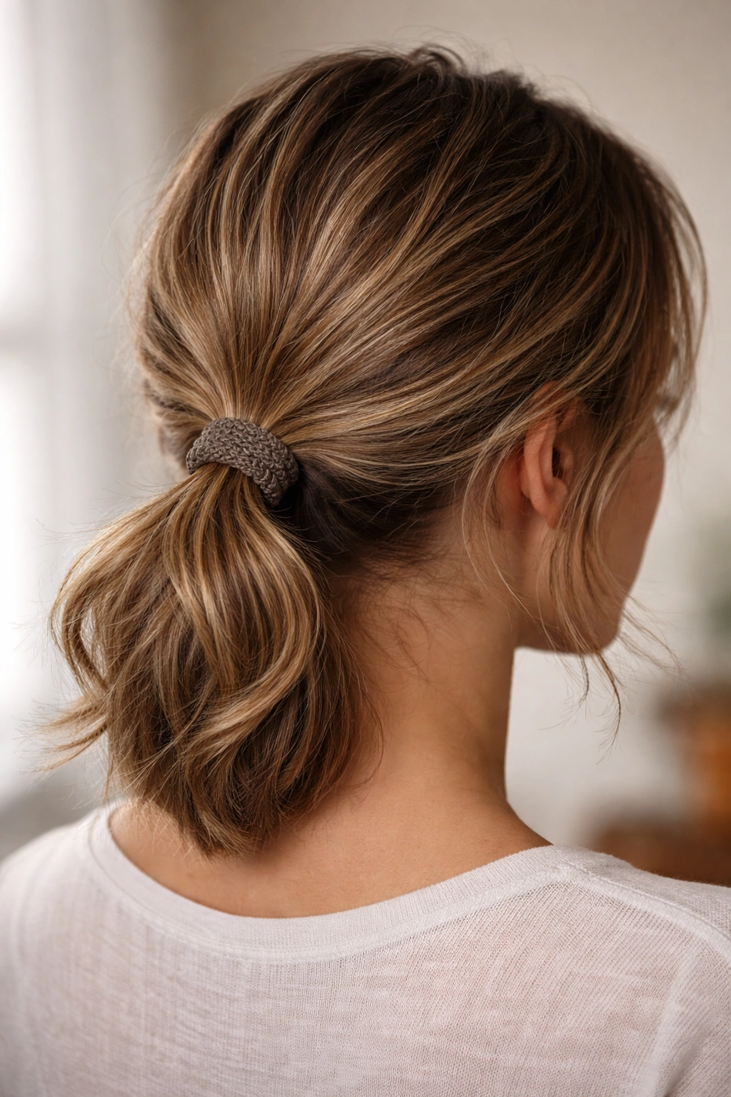 Close-up of a textured low ponytail at the nape with a gripping elastic