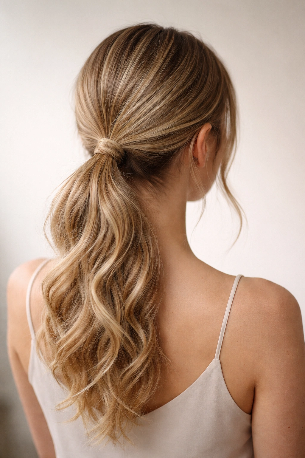 Back view of a low sleek ponytail with intentional texture on fine wavy hair