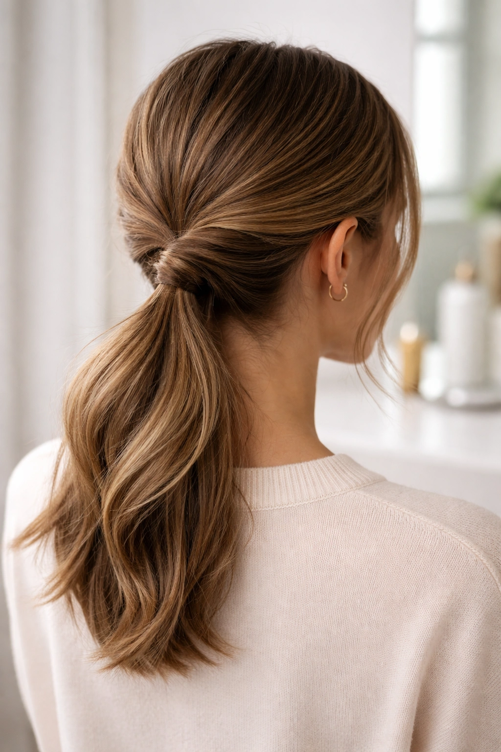Low Ponytail with a Twist: low nape ponytail with twist through opening.