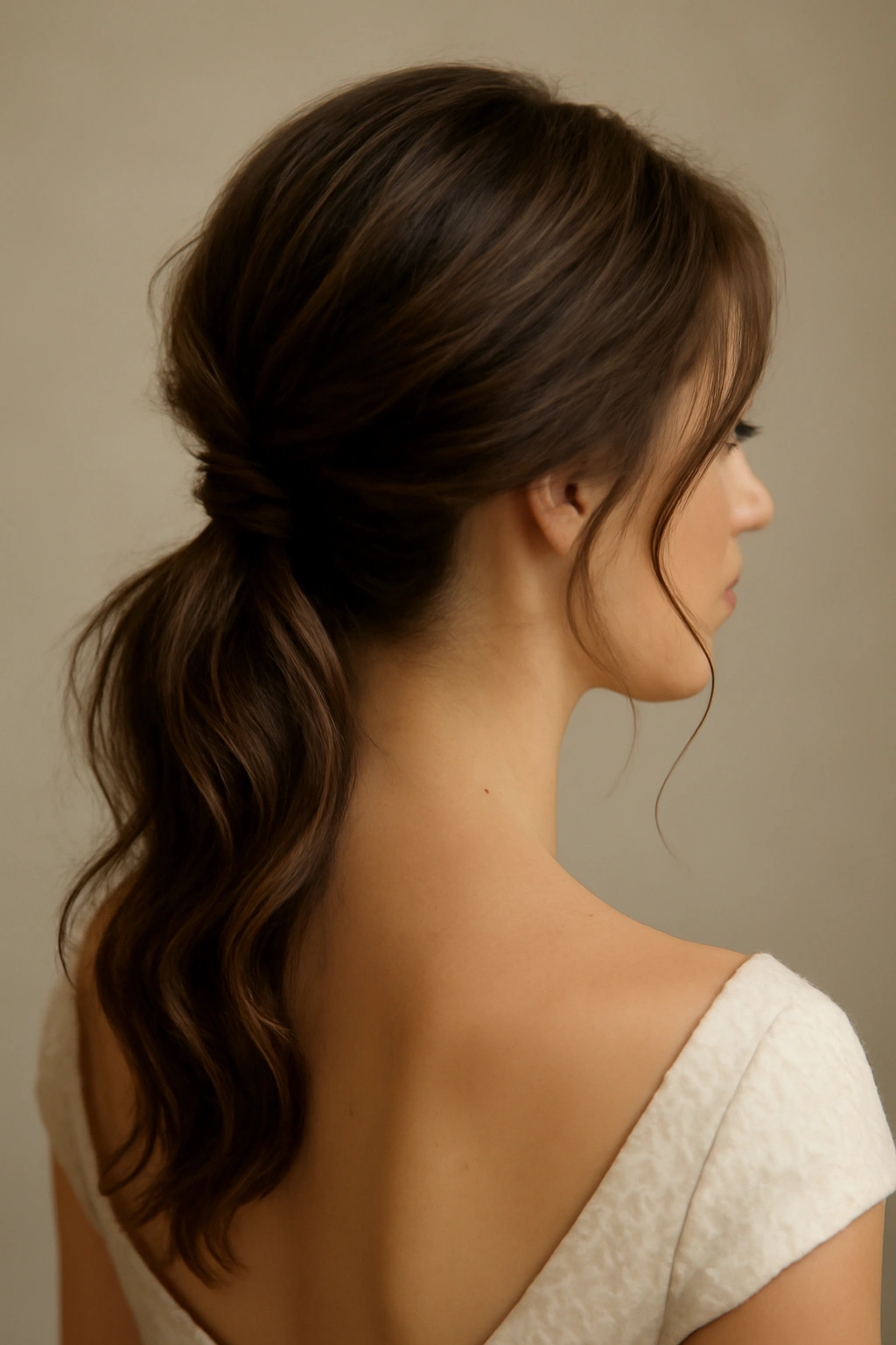 25 Wedding Hairstyles From Pixie Cuts to Long Waves 20 Close-up of a romantic low ponytail with face-framing pieces