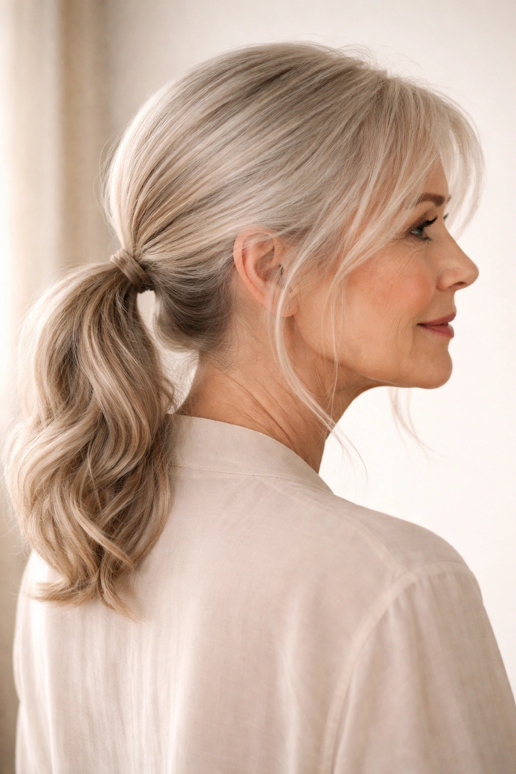 15 Hairstyles For Women Over 70 With Fine Hair 9 Low loose ponytail with wispy face-framing strands
