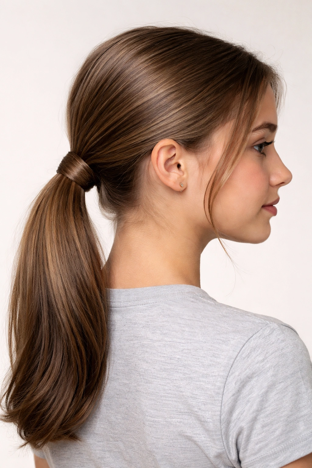 Teen girl with a simple low ponytail and hair wrap at the nape