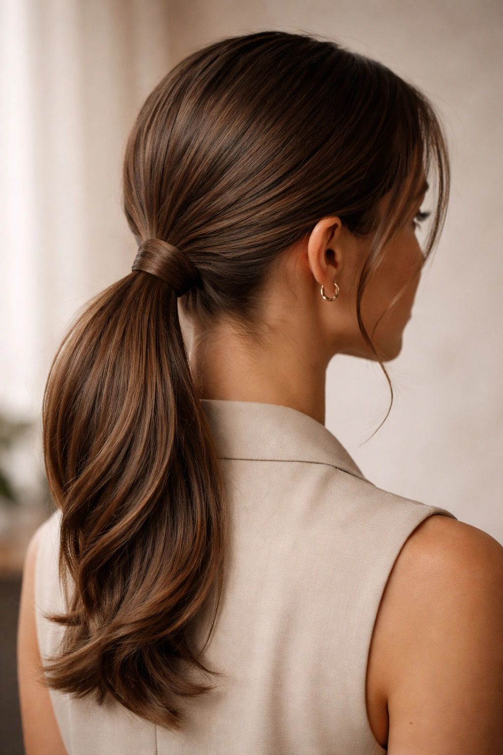Low ponytail at the nape with wrapped strand and face-framing pieces