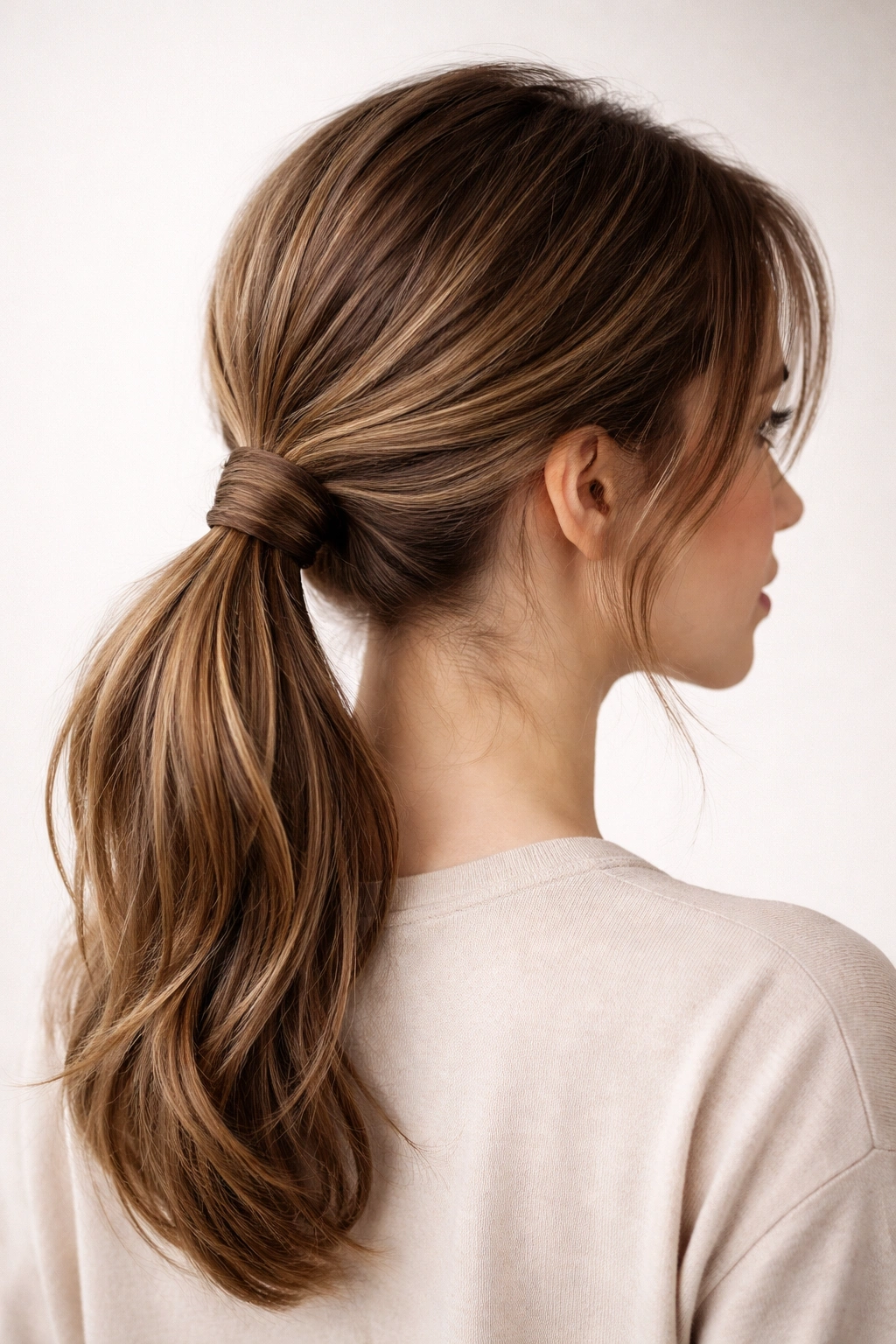 Low ponytail with a wrapped section concealing the elastic