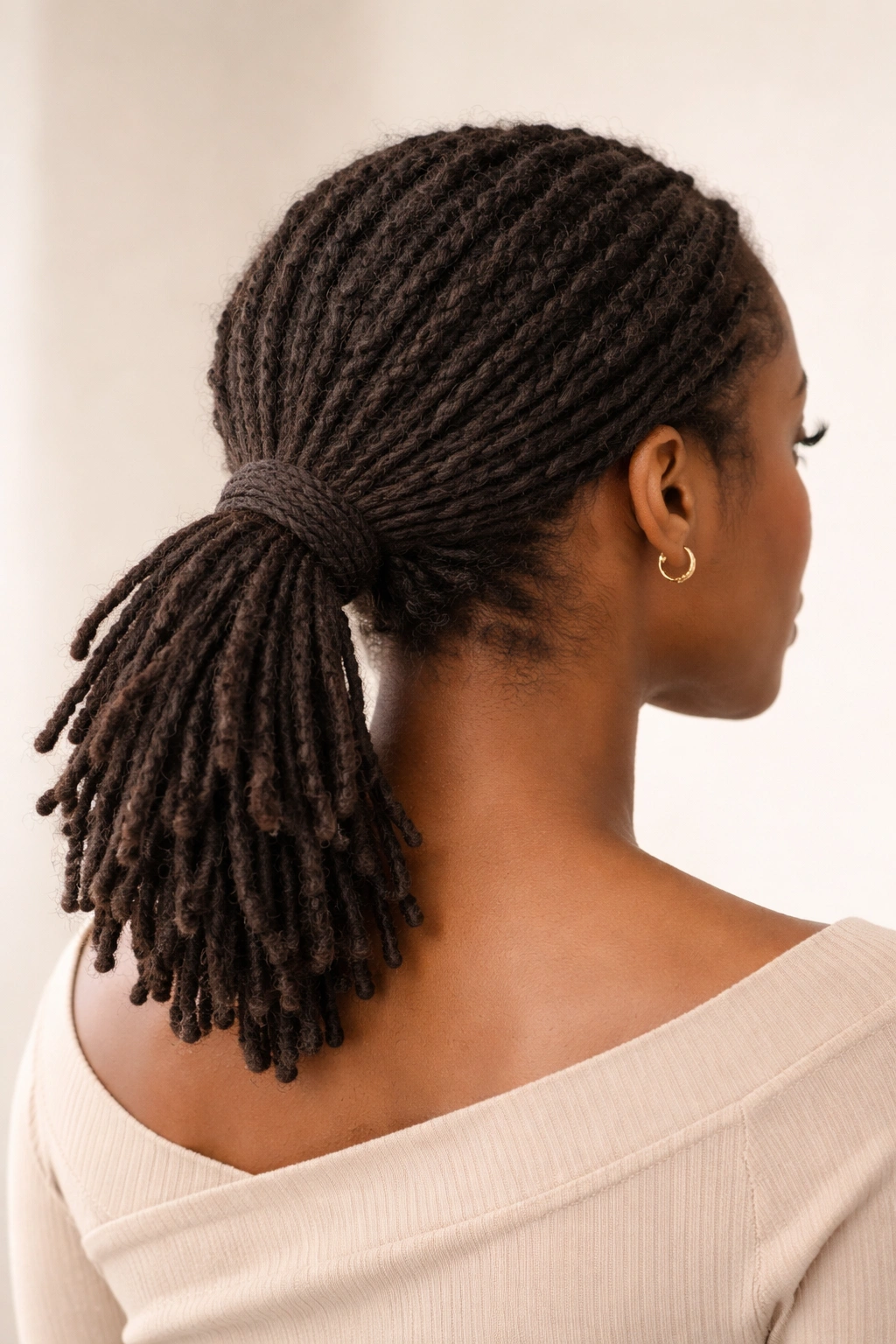 Low ponytail on short dreads with wrapped base detail