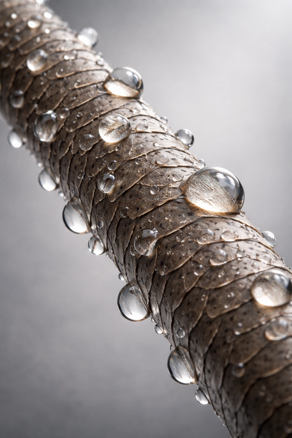 Close-up of a hair strand showing flat cuticles and water beads to illustrate low porosity hair