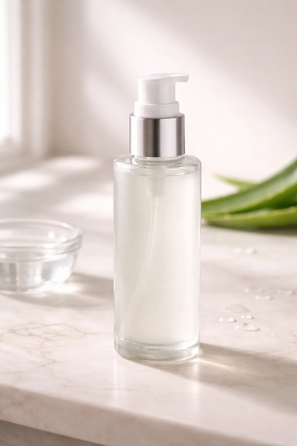 Unlabeled bottle of lightweight hair product for low porosity care