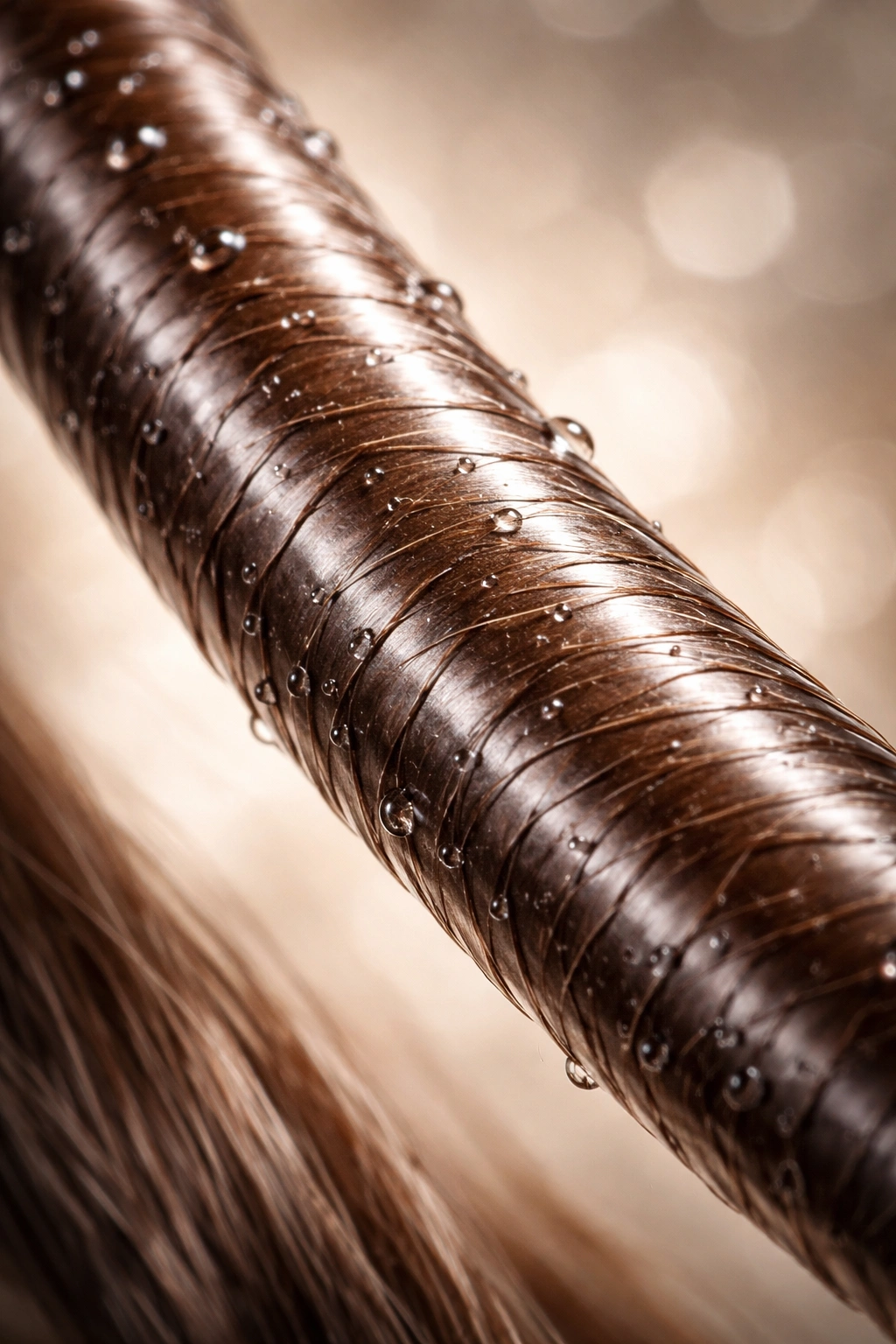 Hair strand with shiny surface and tightly packed cuticles.