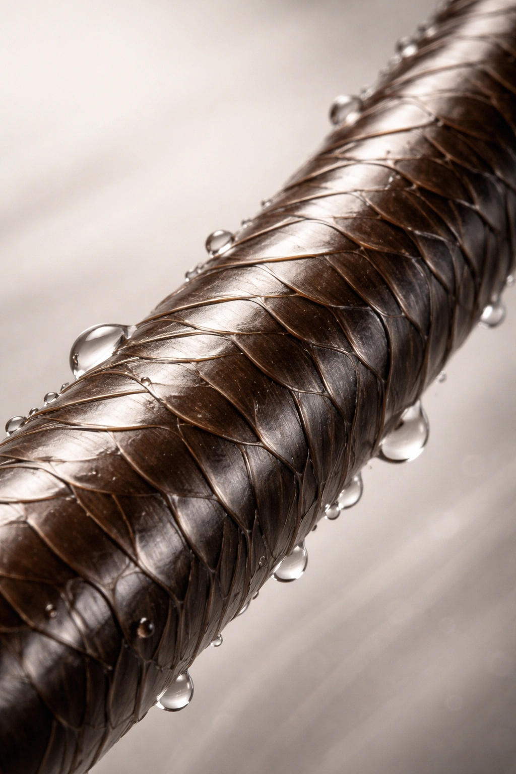 Close-up of a hair strand with flat, tight cuticles and glossy surface.