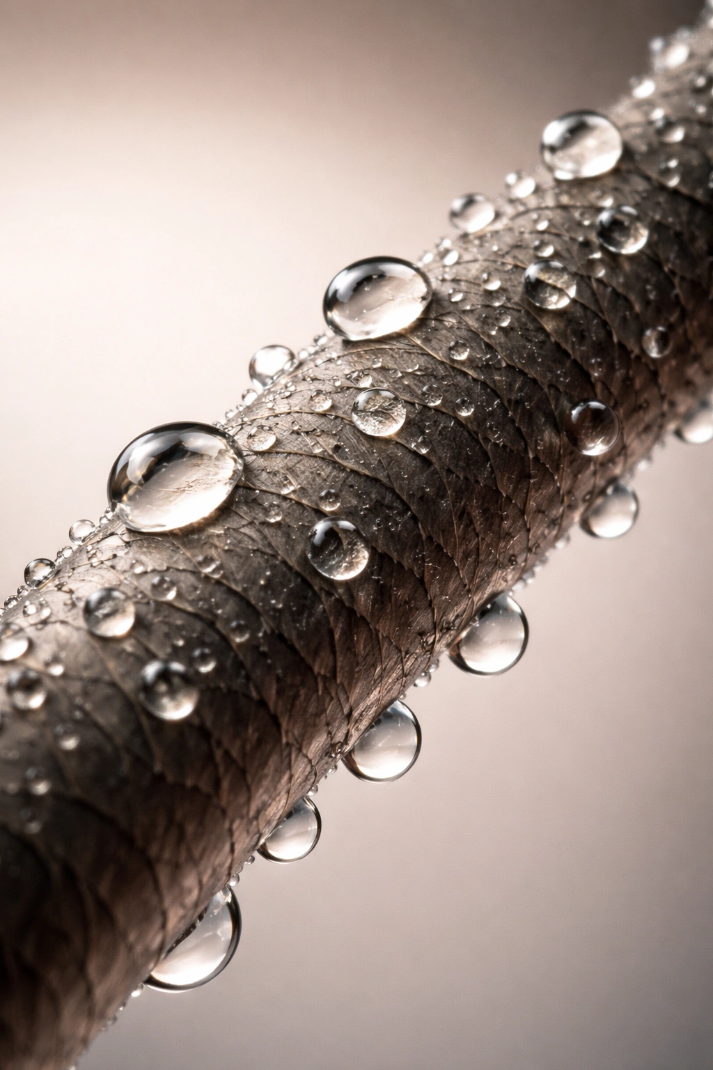 Close-up of a hair strand showing a tight cuticle layer with water beads on the surface