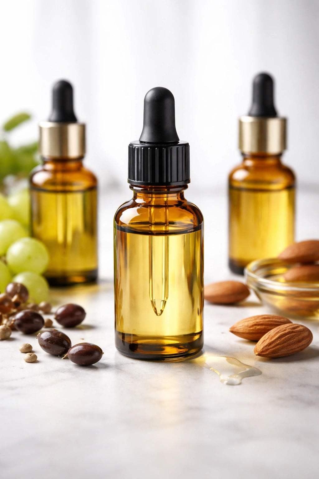 Amber glass bottle of lightweight hair oil on white background representing jojoba grapeseed and almond oils for low porosity hair