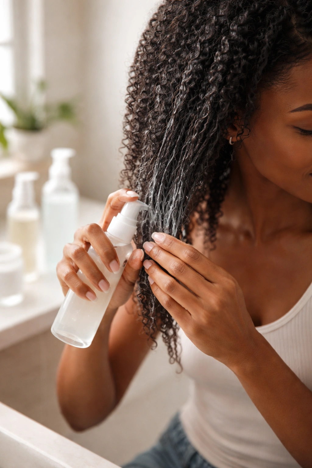 Close-up of person applying lightweight leave-in to damp hair to illustrate low porosity routine