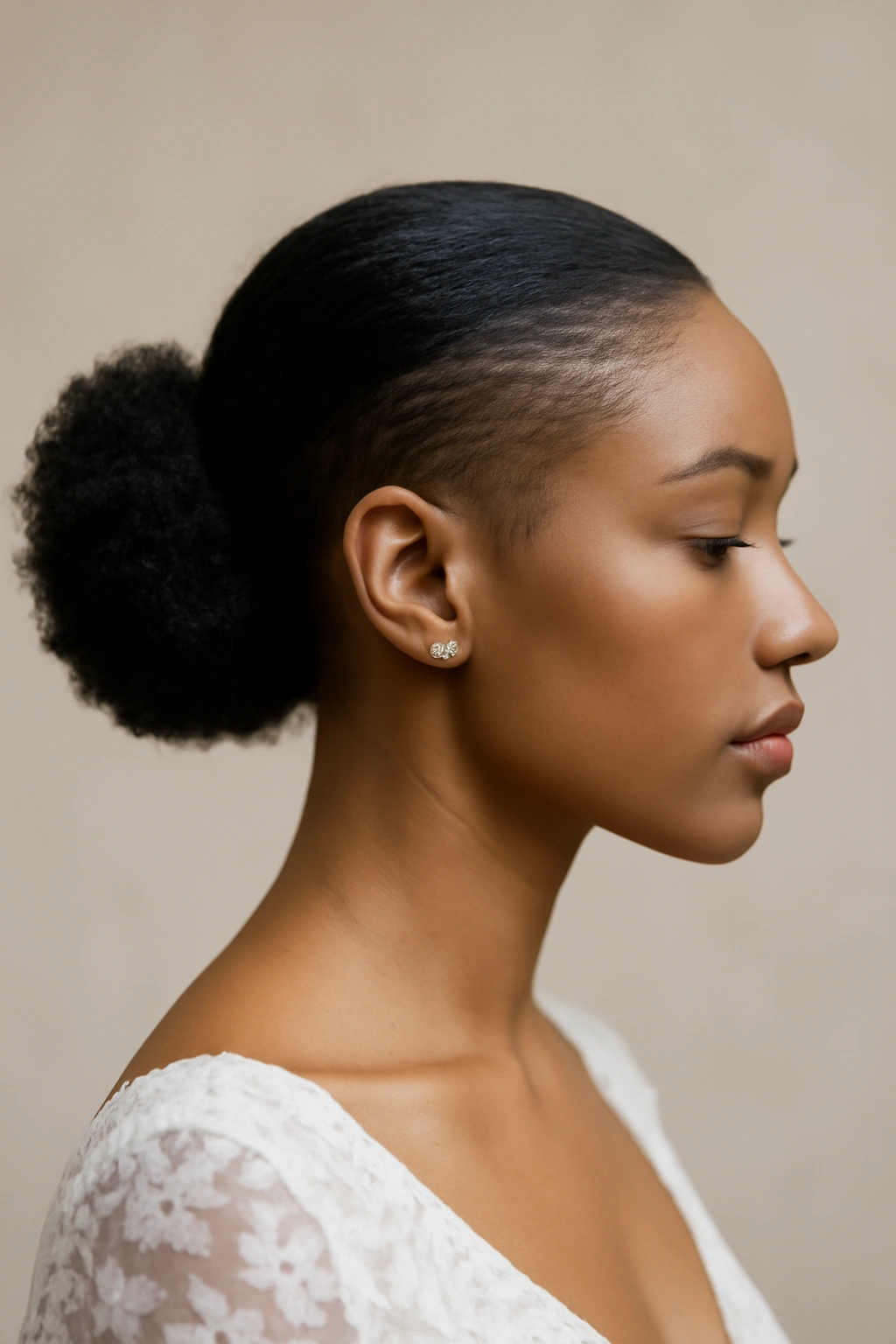 12 Natural Hair Wedding Updos You Need to See 3 Profile of sleek low puff with side shave detail on natural hair bridal updo