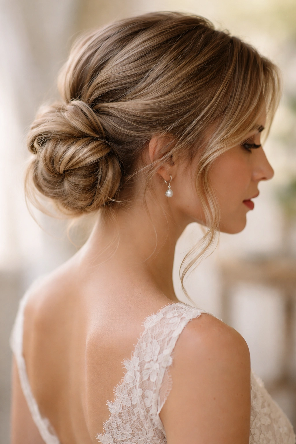 Low romantic knot at nape with loose twists and face-framing strands
