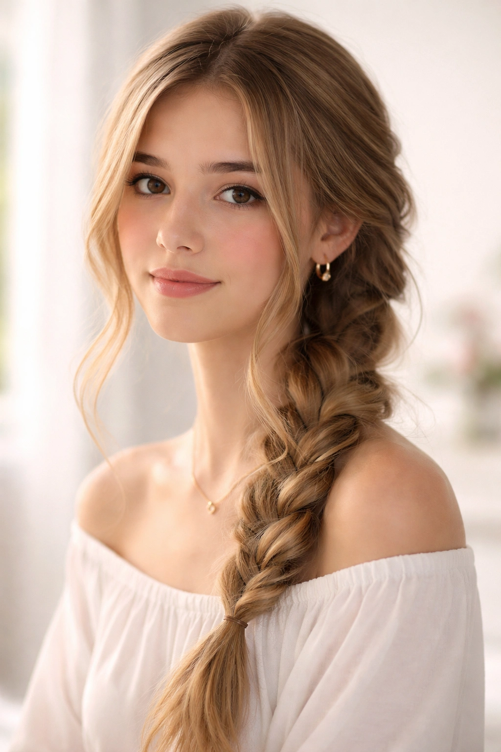 Low side braid with face-framing pieces on teen.