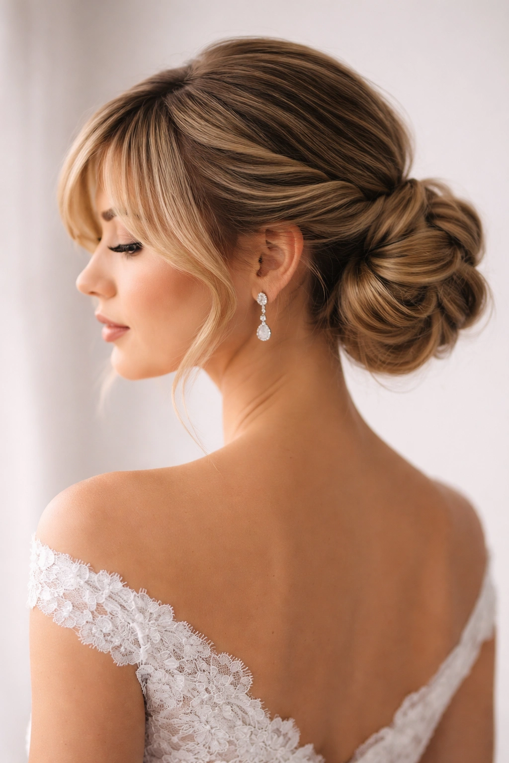Low side bun with twisted bangs detail on a bridal head.