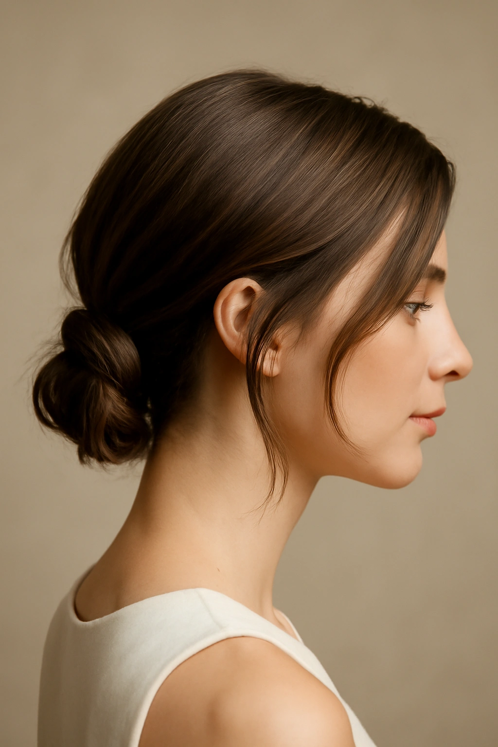 12 Bridesmaid Hairstyles That Flatter Short Hair 1 Close-up of a short hairstyle featuring a low side knot at the nape with soft face-framing pieces.