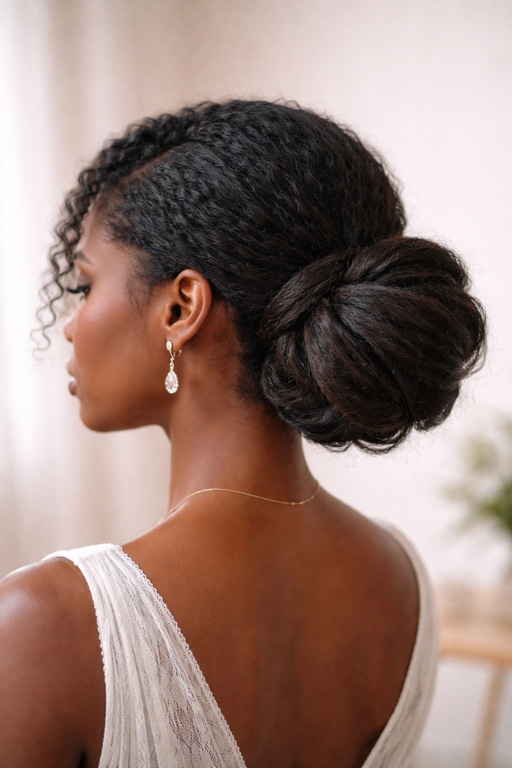 Close-up of low side knot updo on textured hair.