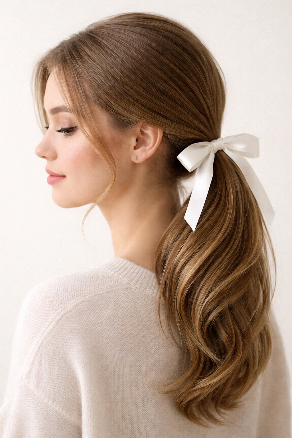 Side view of a low side ponytail tied with a ribbon bow