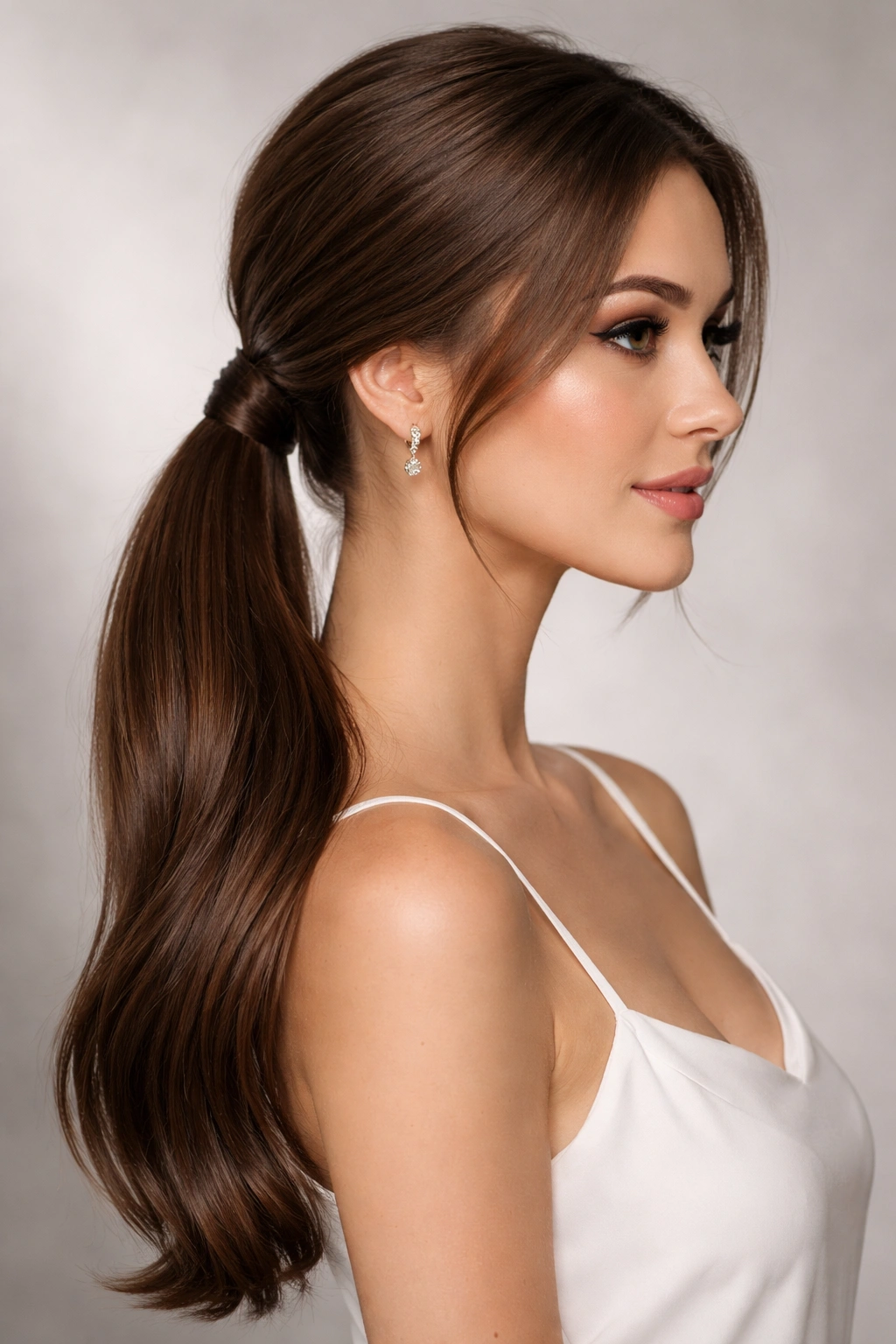 Sleek low side ponytail with wrapped elastic