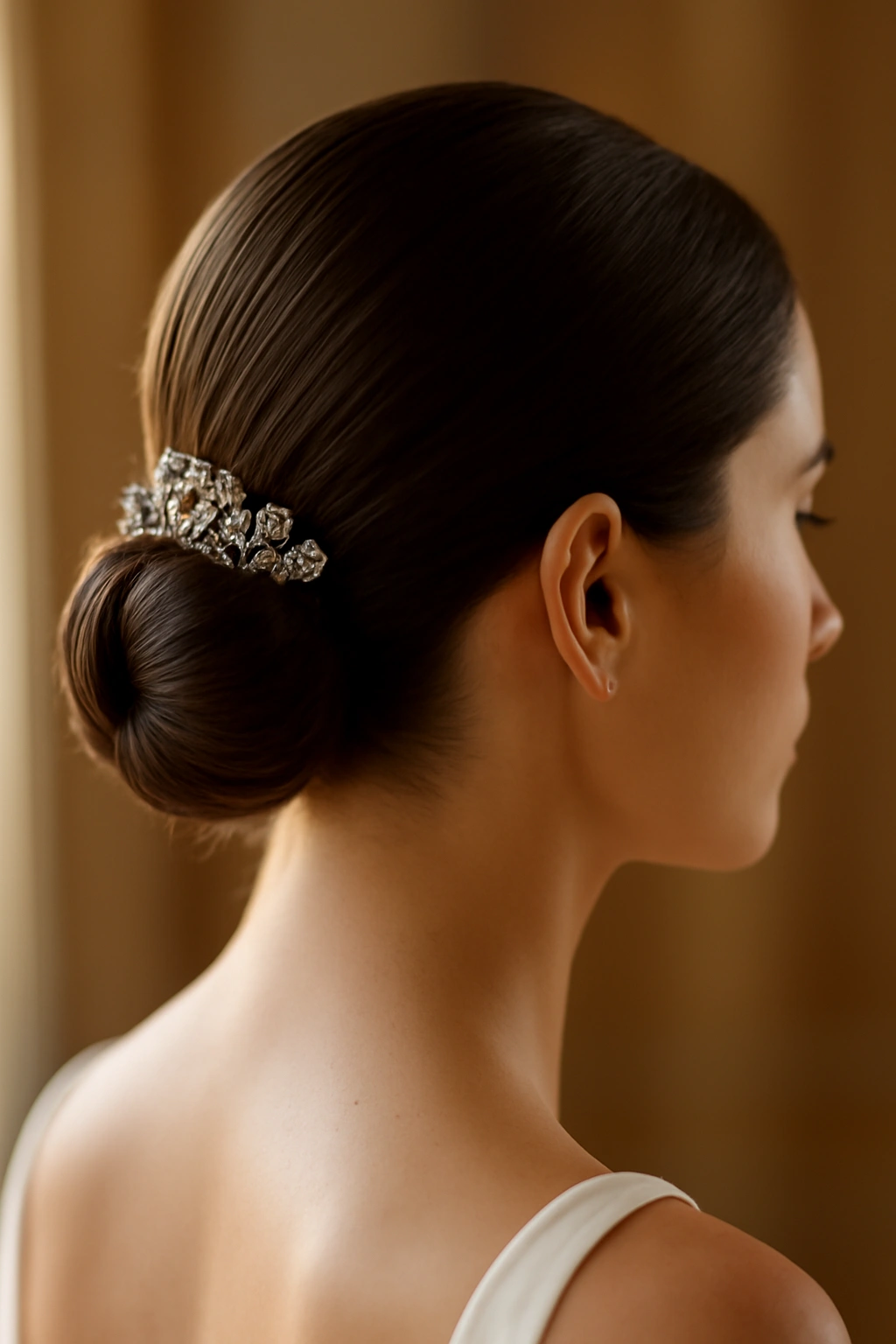 18 Wedding Styles From Polished Updos to Soft Waves 1 Close-up of a low sleek bun at the nape with smooth hair and a subtle part line