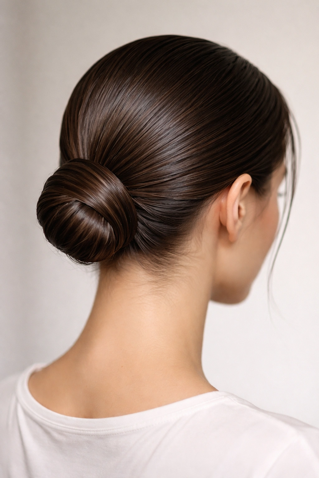 Low sleek bun at the nape of the neck on damp hair