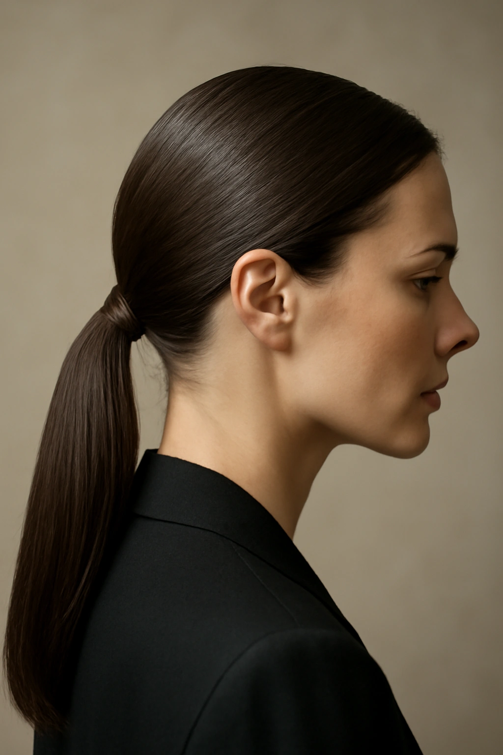15 Ponytail Hairstyles for Work and Nights Out 2 Low sleek ponytail at the nape with polished shine in a neutral studio.
