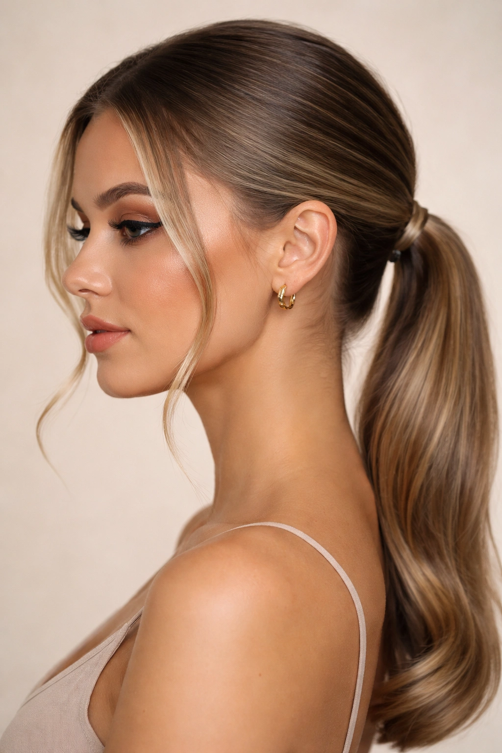 25 Slick Back Ponytail Styles for a Chic, Polished Look 7 Close-up of a low ponytail with face-framing pieces.